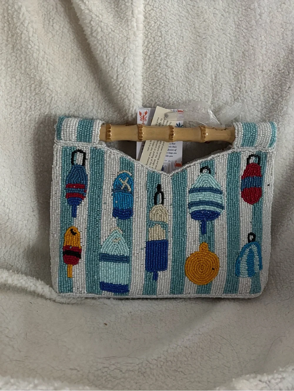 Beaded Buoy Pattern Shoulder Bag with Bamboo Handle - Teal Multi